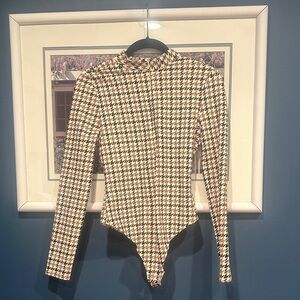 All Access Quarter-Zip Bodysuit Houndstooth Print Black Tan Cream Size Small